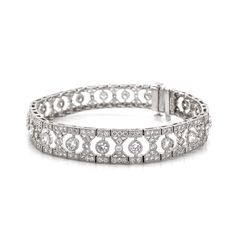 Slim vintage and Art Deco inspired diamond platinum bracelet. Adorned with white round cut diamonds in 6.12 carat total. Diamonds are all natural in G-H Color Clarity VS. Platinum 950 bracelet. Length: 17.5 cm Width. 1 cm Weight: 28.9 g [shortcode] [video] [/video] [/shortcode]