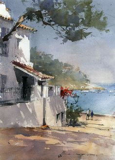 a watercolor painting of people walking on the beach next to a white building and trees