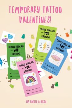 there are many different valentine's cards with the words temporary tattoo on them,