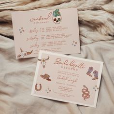 two pink wedding cards with cowboy themed designs on them