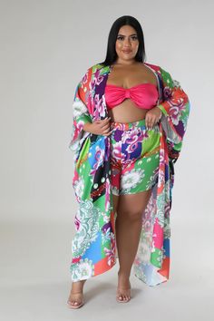 Multi print Kimono and short set Short has elastic waist Stretchy 1X 16 2X 18-20 3X 20-22 Multicolor Two-piece Beach Bottoms, Printed Beachwear Set For Loungewear, Printed Beachwear Loungewear Set, Multicolor Two-piece Sets For The Beach, Multicolor Printed Shorts For Loungewear, Multicolor Printed Loungewear Shorts, Multicolor Two-piece Beach Set, Multicolor Two-piece Sets For Beach, Multicolor Matching Set For Beach