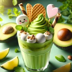 an avocado smoothie with ice cream and toppings in it on a green surface