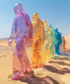 four plastic figures are standing in the sand