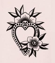 a black and white drawing of a heart with flowers in the shape of a flower