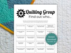 Get to know your fellow quilters and help them find others who have things in common. Chatty quilters can find each other, and quiet quilters can find each other, etc. These questions are designed to keep the fun and stories rolling! Race to see who finds someone for each space first, or set a time limit and see who gets the most, with a prize of your choice optional. Perfect for quilting retreats, a quilting group holiday party, or a social refresh when new members join your club. If time allow Group Conversation Starters, Game For Group, Quilt Guild Programs, Group Holiday, Book Club Parties, Bus Trip, Sewing Retreats, Quilt Club, Retreat Ideas