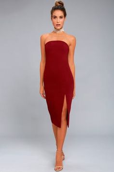 Day Wedding Guest Dresses and Wedding Guest Attire|Lulus.com The Sun Reversed, Silver Outfits, Wine Dress, Structured Dress, The Last 10 Years, Cocktail Night, Calf Length Dress, Red Midi, Red Dress Women