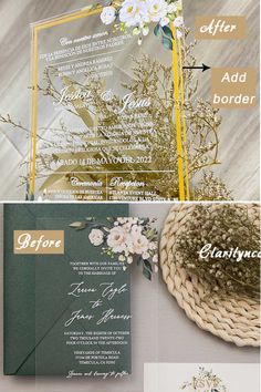 the wedding stationery is designed with gold foil, flowers and greenery on it