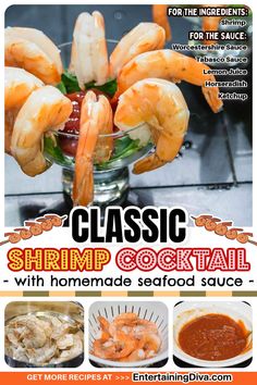 Classic Shrimp Cocktail With Homemade Seafood Sauce | Easy Recipes Shrimp Cocktail Recipe, Seafood Sauce Recipe, Cocktail Shrimp Recipes, Raw Shrimp, Recipe Shrimp, Seafood Sauce, Potluck Dinner, Classic Appetizers