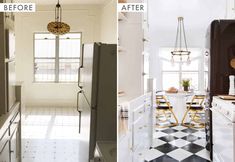 before and after photos of a kitchen with black and white tile flooring, an old refrigerator is in the foreground