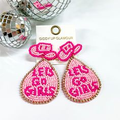 Let's Go Girls Beaded Cowboy Hat Post Earrings with Hanging Teardrop in Pink | Trendy pieces for all shapes and sizes. Trendy Beaded Earrings For Party, Trendy Teardrop Beaded Earrings, Adjustable Teardrop Beaded Earrings For Party, Trendy Beaded Party Earrings, Trendy Adjustable Beaded Earrings For Party, Beaded Cowboy Hat, Nashville Bachelorette Shirts, Lets Go Girls, Nashville Bachelorette Party