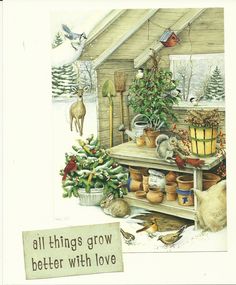 a christmas card with an image of a tree and other items in the background, all things grow better with love