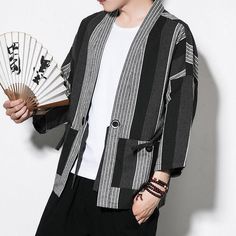 Baggy Coat, Chinese Kimono, Striped Kimono, Mountain Pattern, Men Costume, Linen Kimono, White Kimono, Loose Coat, Kimono Coat