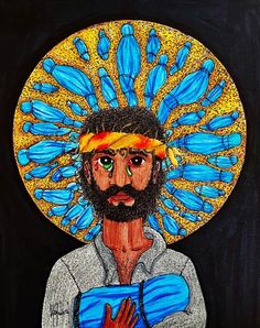 a drawing of a man with a beard wearing a blue headdress and holding something in his hands