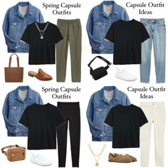 Carry On Capsule Wardrobe Spring, Minimalist Outfits Casual, Outfit Ideas Teacher, Minimalist Outfit Casual, Plain Black Tee, Grey Wardrobe, Walmart Outfits, Spain Trip