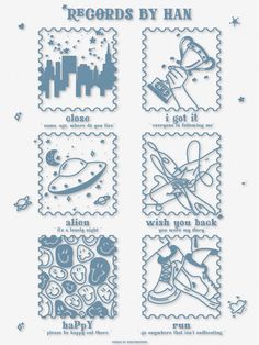 four stamps with the words records by han written on them and pictures of various objects