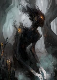 an artistic painting of a creature in the woods