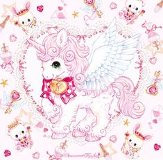 a drawing of a white dog with pink hair and angel wings