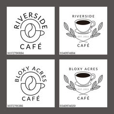 four logos for riverside cafe and coffee shop, with black and white graphics on them