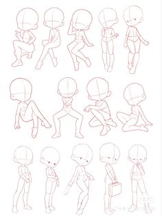 an animation character's head and body, with various poses for each person to draw