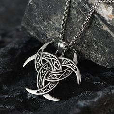 The Triple Horns of Odin Necklace: Also named as The Horn Triskelion, the drinking vessels that are traditional to Norse toasting rituals and connected to mythological stories of Odin. Used as a symbol of Wisdom and Inspiration, poetic inspiration in particular.  Made of high-grade 316L stainless steel, this Odin necklace is hypoallergenic and comfortably fits your skin.   SPU:TP12686  Collection:Viking  Materials: Stainless Steel  Pendant Size: 1.77 inches * 1.73 inches;   Chains Length: 22 inc Horns Of Odin, Triple Horn Of Odin, Poetic Inspiration, Mythological Stories, Viking Odin, Viking Symbol, Symbol Jewelry, Celtic Knot Necklace, Symbol Of Wisdom