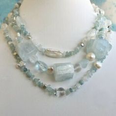 Aquamarine, Pearl & Quartz Triple Strand Necklace, Artisan Designed & Made  | eBay Expensive Jewelry, Homemade Jewelry, Sapphire Necklace, Precious Jewelry, Sea Glass Jewelry, Unique Necklaces, Strand Necklace, Blue Beads, Kendra Scott