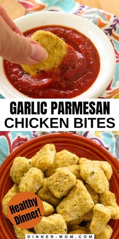 garlic parmesan chicken bites in a red bowl with tomato sauce on the side