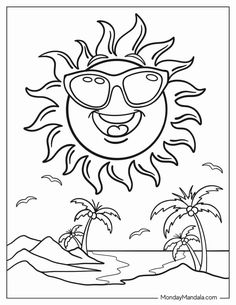 the sun with sunglasses and palm trees is shown in this coloring page for kids to color