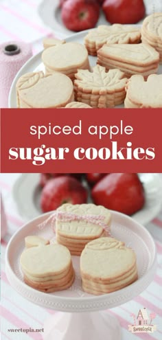 some cookies are on a plate with apples in the background and text overlay reads spiced apple sugar cookies