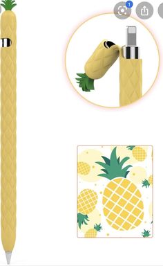 a yellow pineapple pen with a green tie around it's neck and an image of a pineapple in the background