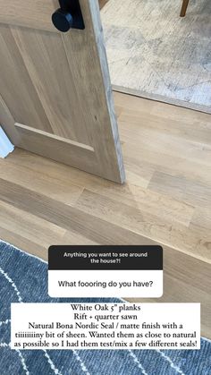 the door is open to reveal what flooring do you have? with text overlay