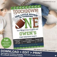 a football themed birthday party card with a stuffed animal on the front and one in the back