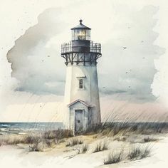 a watercolor painting of a lighthouse on the beach