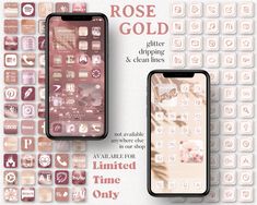 two iphones sitting next to each other on top of a white background with different icons