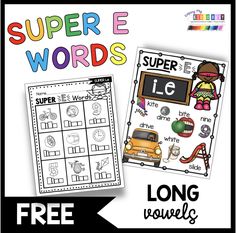 the super e words worksheet is shown with an image of a car