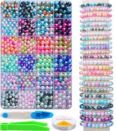 the beading kit includes beads, scissors and thread