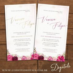 two wedding cards with pink flowers on them