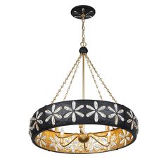 a black and gold chandelier hanging from a ceiling fixture with flowers on it