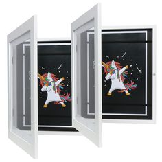 two white framed pictures with unicorns painted on them