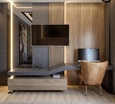 a modern living room with wood paneling and lighting