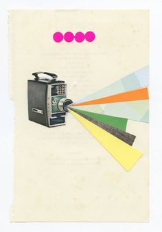 an old fashioned radio sitting on top of a piece of paper with different colored papers