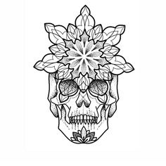 a black and white drawing of a skull with flowers on its head