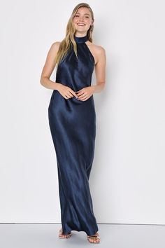 Navy Blue Satin Dress - Satin Maxi Dress - Halter Dress - Lulus Navy Midi Bridesmaid Dress, Maxi Halter Dress Formal, Halter Formal Dress Long, Silk Navy Blue Bridesmaid Dresses, Silk Navy Blue Dress, Navy Blue Halter Dress, Preference Night, Navy Blue Satin Dress, Halter Dress Formal