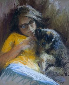 a pastel drawing of a girl and her dog