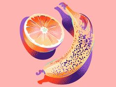 an orange and banana cut in half on a pink background with purple speckles