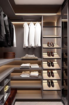 an organized walk in closet with shoes and clothes