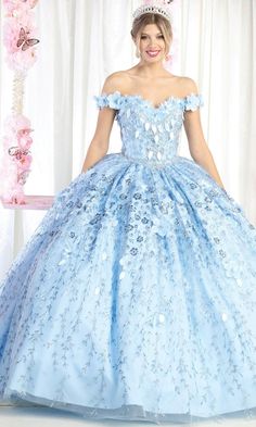 May Queen Quinceanera 4 / Sky Blue May Queen: LK192 Light Purple Ballgown Dress, Elegant Embellished Floor-length Quinceanera Dress, Floor-length Gown With Intricate Embroidery For Quinceanera, Purple Quinceanera Dresses Butterfly With Sleeves, Elegant Floral Applique Quinceanera Ball Gown, May Queen, Corset Dress Prom, Tie Length, Off Shoulder Fashion