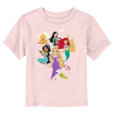 If you can't decide which of the princesses is your favorite… now you don't have to! Celebrate all of your favorites with this officially licensed Disney Cartoon Princesses Toddlers' Graphic T-Shirt. This tee features Mulan, Rapunzel with the cute Pascal, Ariel, and Jasmine with their castles in the background! Surprise your toddler with something cute today with this new graphic tee that is perfect for Disney fans of all ages! Disney With A Toddler, Disney Toddler, Disney Princess Ariel, Girls Support Girls, Princess Cartoon, Tops Graphic, Girls Rules, Graphic Tee Design, Disney Princesses