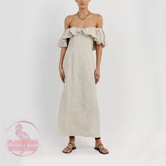 The Strappy Linen Midi Dress offers effortless style and versatility for all seasons. Crafted from breathable linen fabric, it keeps you cool in summer and can be layered with a jacket or sweater for colder months. Complete with convenient, it seamlessly combines fashion with functionality for any occasion. 🖤 DETAILS Adjustable shoulder straps and tiered, frilled hemline Square neckline  Zipper at the side Length of dress: 117cm The model is 178cm/5'10" and wears a size S / UK 8 / US 4 🖤 SIZE Summer Linen Midi Dress With Ruffles, Bohemian Linen Maxi Dress With Ruffles, Chic Linen Midi Dress With Ruffles, Beige Linen Dress With Ruffles For Spring, Spring Beige Linen Dress With Ruffles, Elegant Linen Beach Dress With Ruffles, Elegant Beach Linen Dress With Ruffles, Elegant Linen Dress With Ruffles For Beach, Summer Linen Maxi Dress With Ruffles