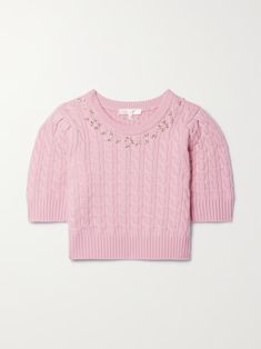 LOVESHACKFANCY Chapelle cropped embellished cable-knit merino wool sweater | NET-A-PORTER Sewing Clothes Women, Embellished Sweaters, Knitted Romper, Cable Sweater, Midi Skirts, Merino Wool Sweater, Grey Fashion, Pink Sweater, Wool Sweater