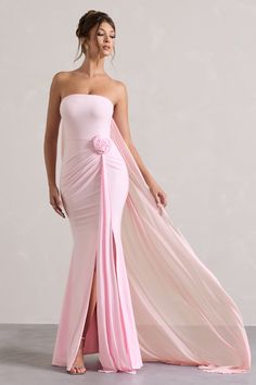 More To Come Pink Strapless Wrap Cape Maxi Dress With Corsage – Club L London - USA Floral Corsage, Sleek Bun, Leg Split, Black Dress Prom, Black Tie Gala, Party Dress Long Sleeve, Bridesmaid Outfit, Pink Maxi, Christmas Party Dress